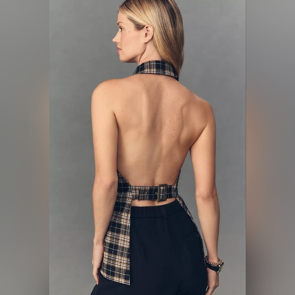 Anthropologie Pilcro Black and Tan Plaid Halter Backless Blouse - Picture 3 of 14